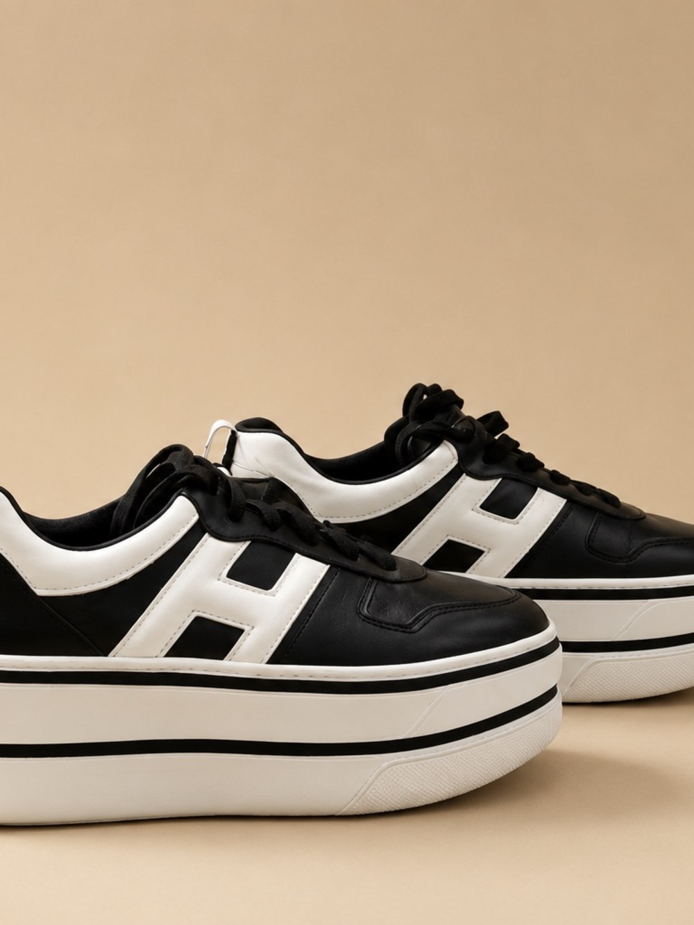 Chunky Black and White Platform Lace-Up Sneakers